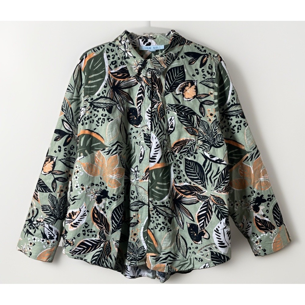Blue Sol Green Tropical Roll Tab Linen Rayon Blend Button Up Shirt Women's XL
